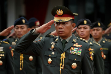 Indonesian soldiers giving salute during ceremony military, glory and honor, dignified military uniform