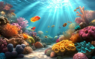 Vibrant Coral Reef Underwater Scene with Tropical Fish