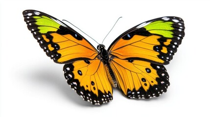 Fototapeta premium A photostock images of orange and green butterfly in flight, isolated on white background, High Quality