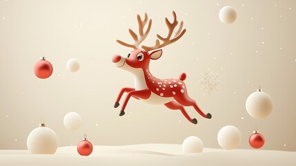 Cute reindeer jumping between christmas ornaments on snow