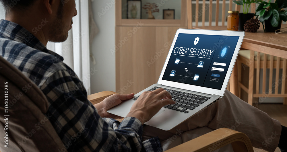 Poster cyber security system on computer screen protect private information snugly from hacker and cyber at