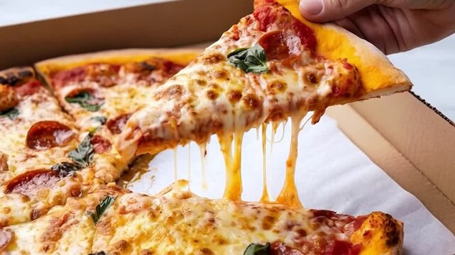 Hand taking slice of hot cheesy pepperoni pizza from box
