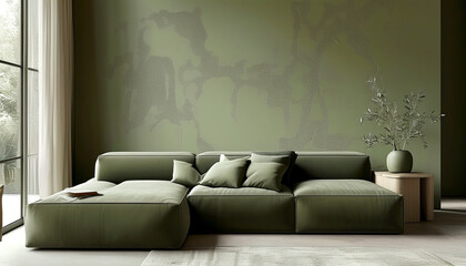 Stylish green living room with contemporary sofa and elegant decor details