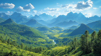 A breathtaking view of towering mountains with jagged peaks, set against a clear blue sky dotted with a few fluffy white clouds. The valley below is filled with lush green meadows