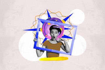 Composite trend artwork sketch photo collage of young woman omg face shcked hand hold frame draw...
