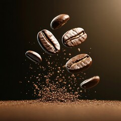 Falling Realistic Coffee Beans Isolated on Background: Perfect for Cafe Advertising and Menu Design. Vector Illustration of Flying Defocusing Coffee Grains.