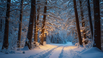 Serene Winter Pathway Illuminated by Evergreen Lights