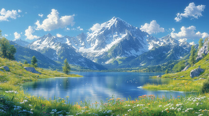 A majestic mountain landscape with rugged peaks reaching into the clear blue sky. Below, a calm alpine lake reflects the surrounding mountains and the small clouds that float overh