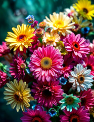 Fototapeta premium A vibrant bouquet of colorful daisy-like flowers, including yellow, pink, and white blooms, set against a blurred green background