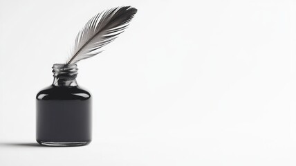 Quill in ink bottle on white background