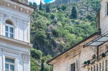 Buildings in City Center of Kotor with a View of Church of Our Lady of Remedy on the Mountain