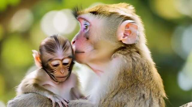 Japanese macaque mother holding her baby in her arms