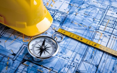 Blueprints construction and a yellow hardhat with a compass