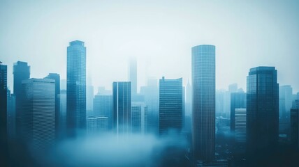 Modern city skyline with tall skyscrapers emerging from fog, creating serene and mystical atmosphere