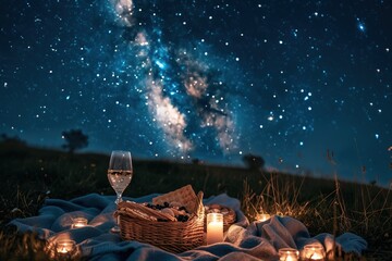 A couple is enjoying a romantic dinner by the beach, with a basket of food