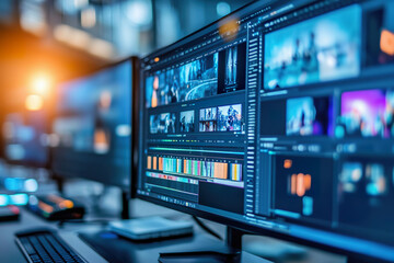 focused workspace with multiple monitors displaying project interfaces and neon lighting