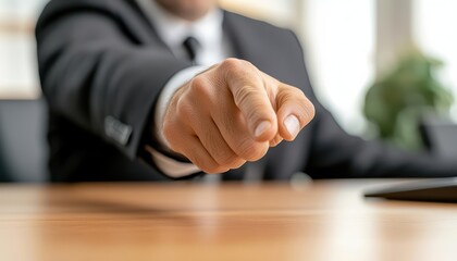 Obraz premium Businessman pointing finger, office setting with desk and plants.