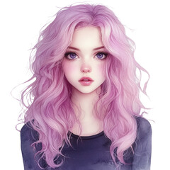 Fototapeta premium A stunning digital portrait of a young woman with wavy pink hair and captivating eyes, exuding charm and beauty.