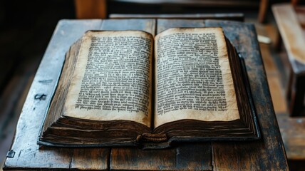 Obraz premium Worn old book open on rustic wooden table