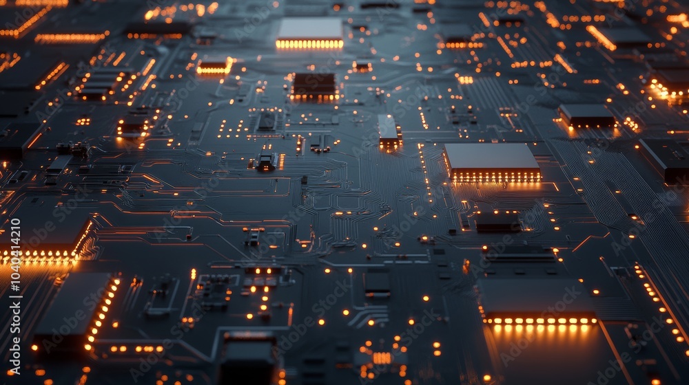 Poster an intricate circuit board with glowing components, placed on a reflective surface, high-tech style