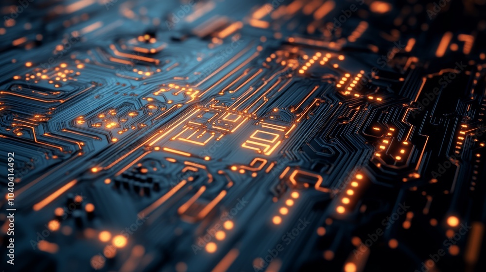 Poster An intricate circuit board with illuminated components, clean and sterile lab setting with focused lighting, Precision style