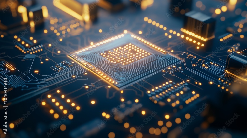 Aufkleber An intricate circuit board with illuminated components, clean and sterile lab setting with focused lighting, Precision style