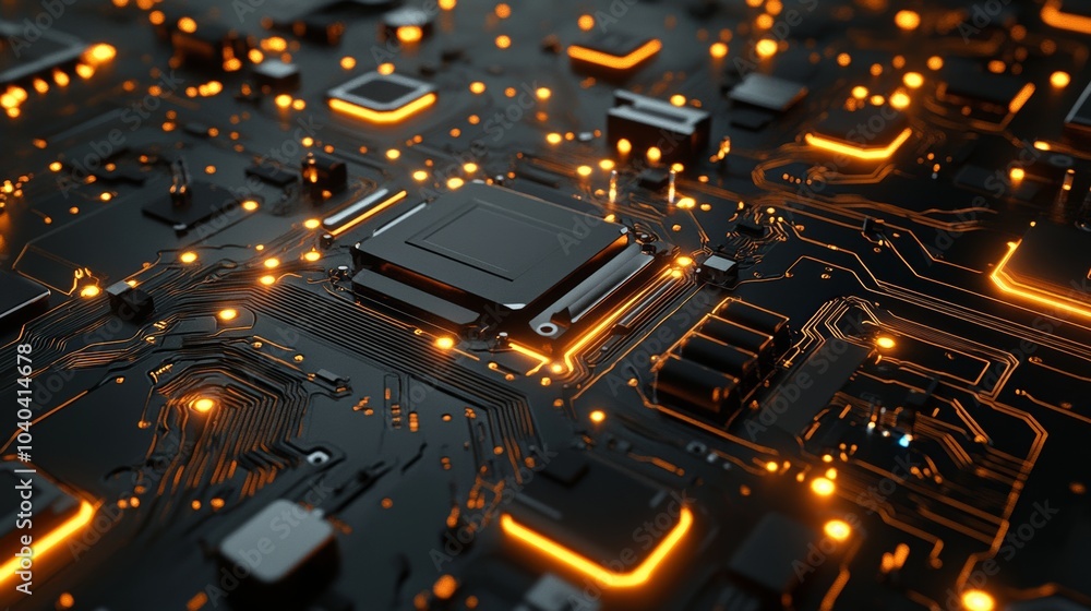 Poster An intricate circuit board with illuminated components, clean and sterile lab setting with focused lighting, Precision style