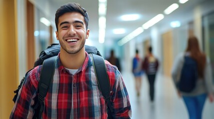Fototapeta premium Cheerful Foreign Male Student Holding Backpack in University Corridor (Warning-Themed).