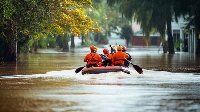 Rescue team navigating flooded streets after natural disaster