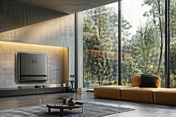 Smart home energy storage. A modern living room with a large wall-mounted battery, showcasing a sleek design and energy efficiency.