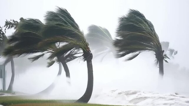 Palm trees bending under strong wind during hurricane showing force of nature