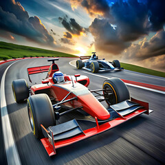 Naklejka premium two race cars racing on a track with one being dri