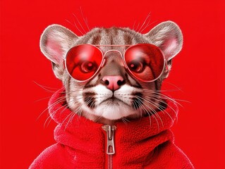 Stylish animal wearing sunglasses, vibrant red background.