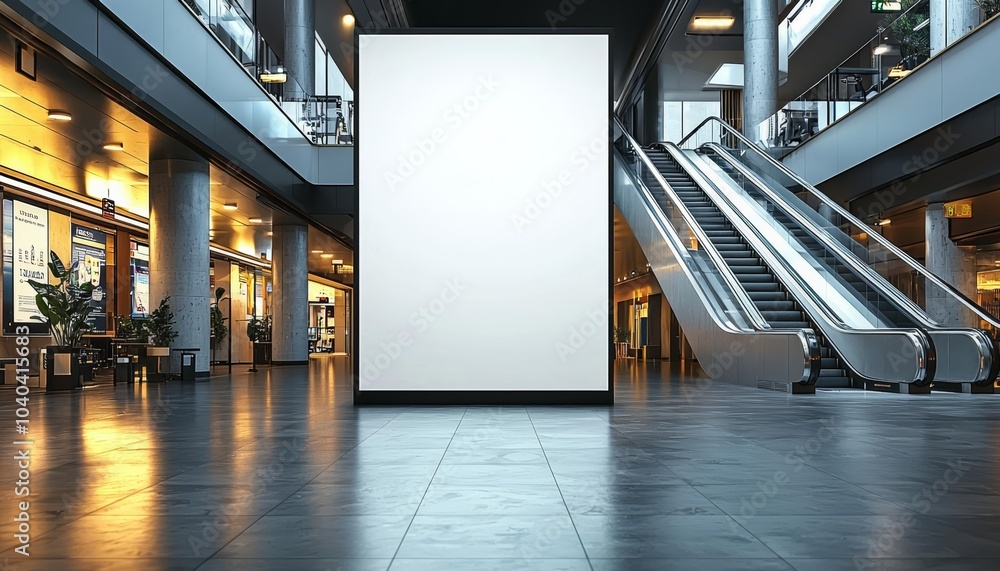 Poster hyper realistic photo of minimalist white vertical light box ad display with escalator backdrop for 