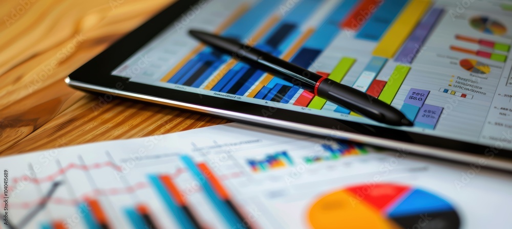 Aufkleber interactive infographic on tablet displaying financial metrics for corporate reports and presentatio