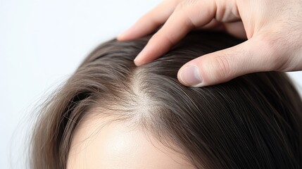 Fototapeta premium Close-up of a man hand inspecting a woman hair, revealing significant thinning and balding on her scalp, with a white background emphasizing the hair loss problem.