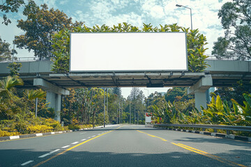 hyper realistic photo of  Horizontal blank advertising poster billboard banner mockup on overhead bridge, on main road; plants and tress in background; for OOH out of home media