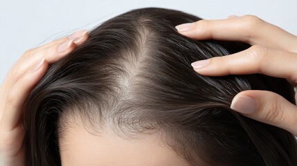 Naklejka premium Close-up of a woman hands gently parting her hair, revealing thinning and sparse areas on the top of her head, against a clean white background, highlighting the issue of hair loss.