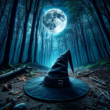 Ein spitzer Zauberhut im Wald bei Vollmond