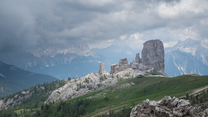 Stunning Panorama close to cinque Torri in Dolomites mountains, Alps, Italy