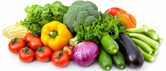 A colorful array of fresh vegetables arranged on a white background, showcasing healthy eating choices.