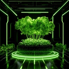 Fresh cilantro visualization, neon holographic display, futurist