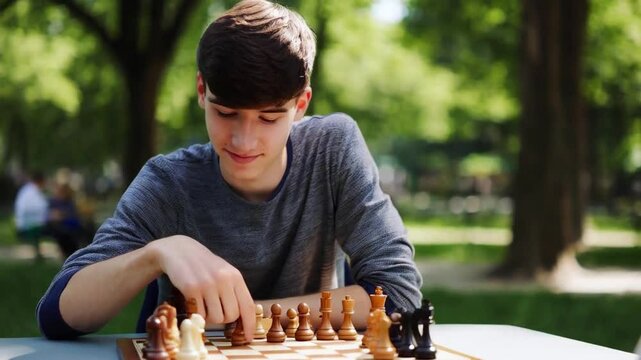 Young man playing chess on a sunny day in the park