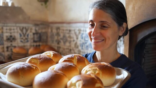Baker woman holding freshly baked bread in front of a traditional oven