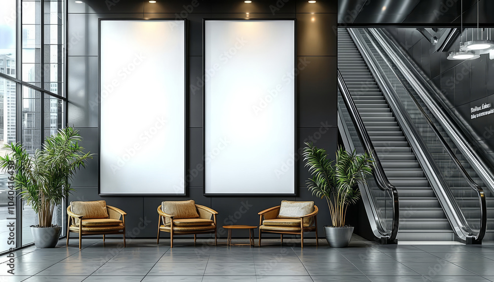 Poster hyper realistic photo of minimalist white vertical light box ad display with escalator backdrop for 