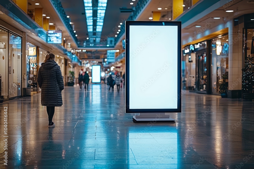 Wall mural hyper realistic photo of luminous digital screen panel stand mockup inside a shopping center , copy 