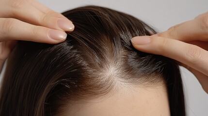 Obraz premium Close-up of hands parting the hair on a woman scalp, uncovering areas of hair thinning and reduced density on the top of her head, shown against a white background.