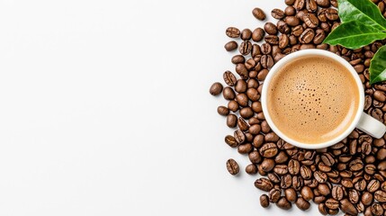 A photostock images of a coffee cup surrounded by coffee beans on a clean white background, isolated on white background, High Quality