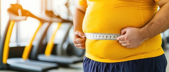 A man measuring his waistline at the gym, focusing on health and fitness goals.