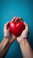 Fototapeta premium hands holding red heart on blue background